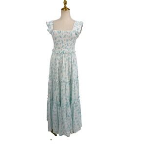 Shabby Chic Maxi Dress L White Blue Floral Smocked Tiered Cottagecore Romantic